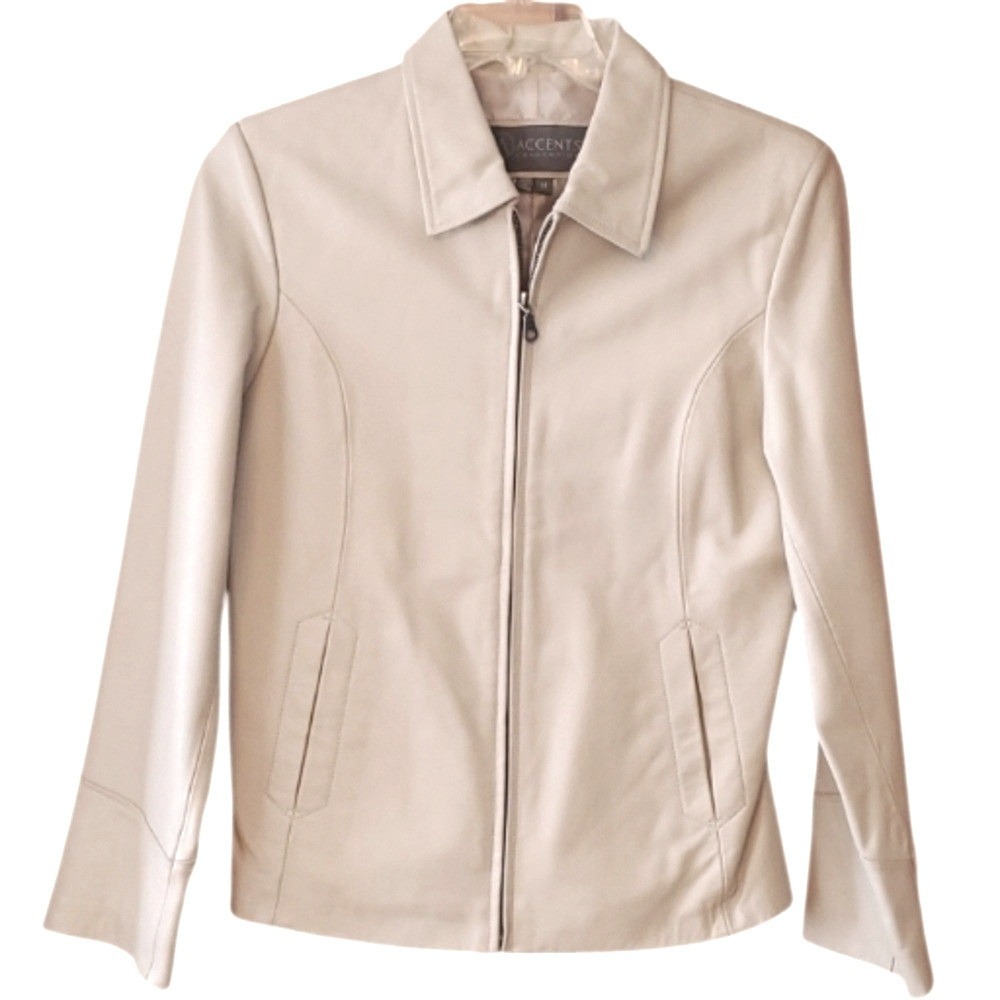 Accents Collection Cream Leather Zip Jacket‎ Size Medium